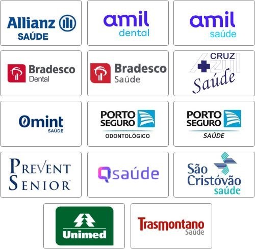 Allianz Saúde, Amil Saúde, Amil Dental, Bradesco Saúde, Bradesco Dental, Cruz Azul, Omint,  Porto Seguro Saúde , Porto Seguro Odonto, Prevent Sênior, Q Saúde, São Cristóvão Saúde, Transmontano, Unimed 